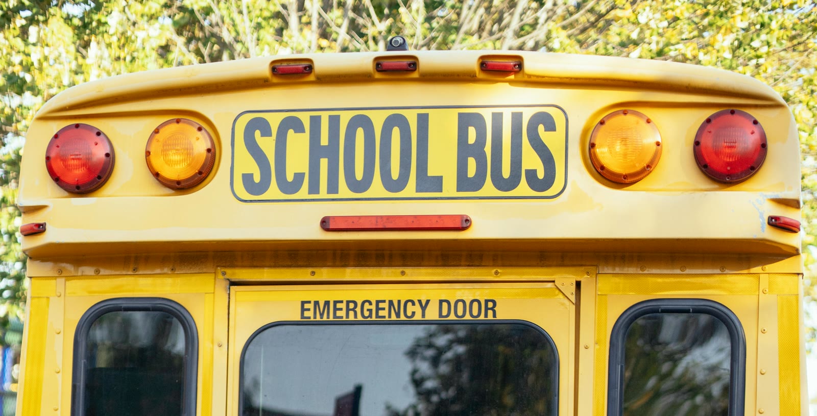 Rear of a yellow school bus with the emergency door in view.